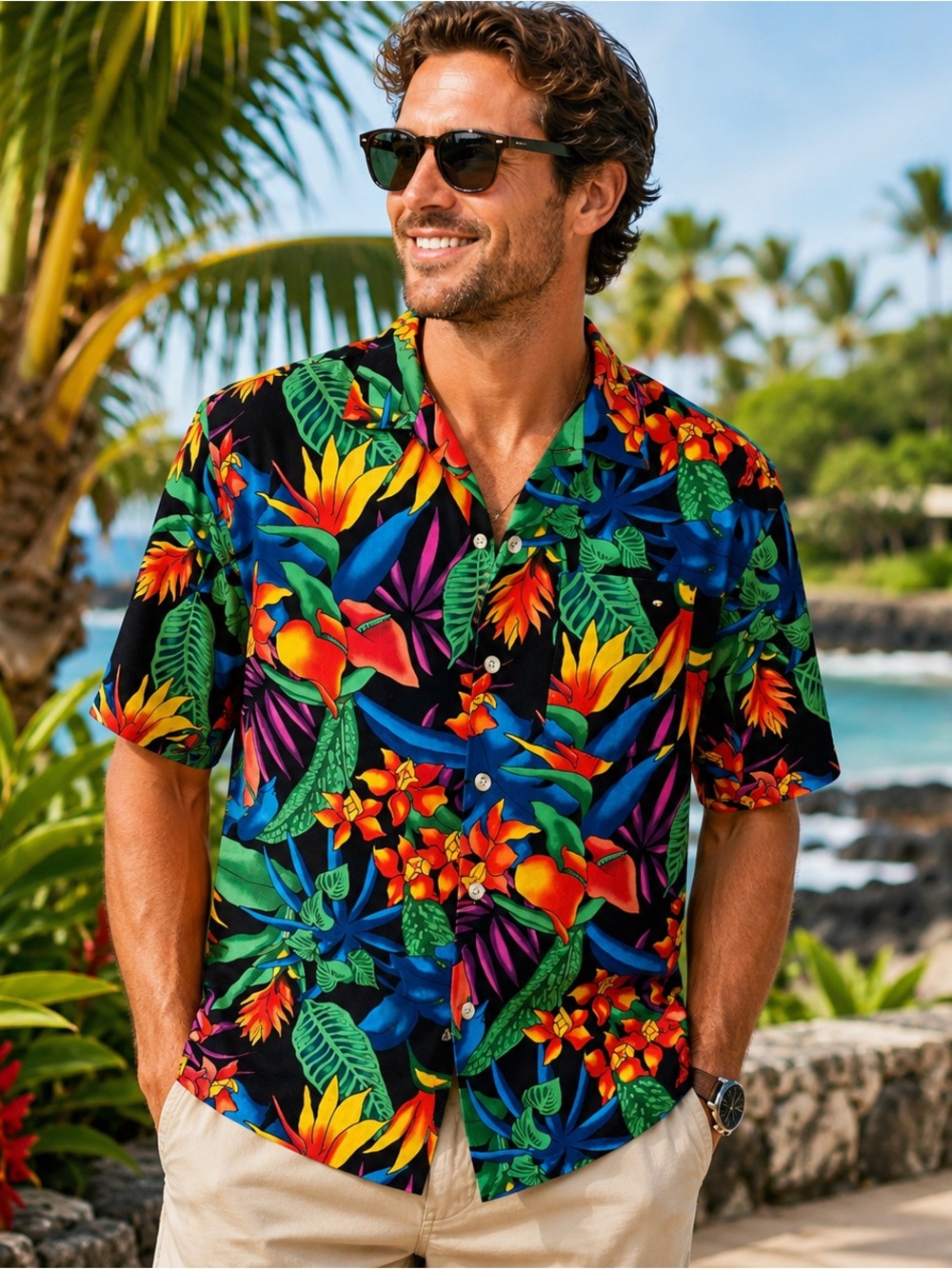 Toucan Dance Hawaiian Shirt Mens M Black Tropical Floral Bird of Paradise Aloha